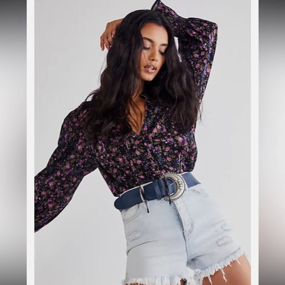 Free People Black Puff Sleeve Blouse with Ruffled Tie Front
